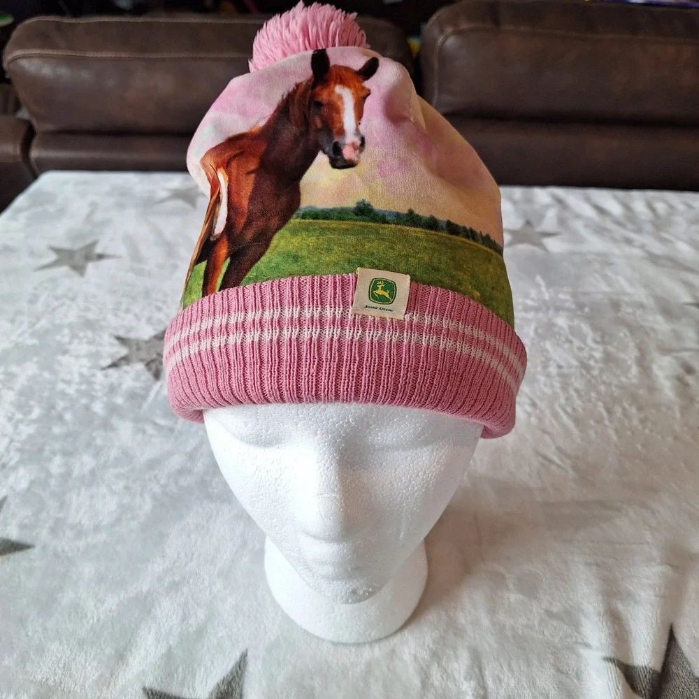 John Deere TODDLER‎ Pink Horse Pom Pom Knit Beanie Winter Hat